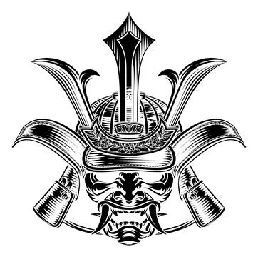Samurai Helmet and Mask Engraved Illustration Stock Illustration