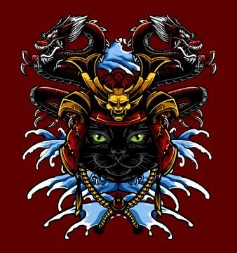 Samurai helmet cat flanked by two dragons Stock Illustration