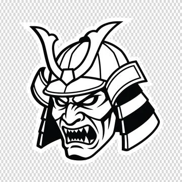 Samurai helmet warrior head mascot logo illustration black and white vector.. Stock Illustration