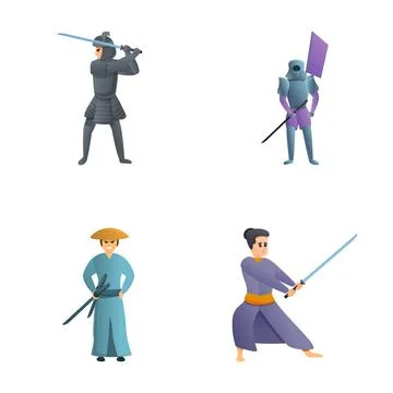 Samurai icons set cartoon vector. Japanese samurai warrior with sword Stock Illustration