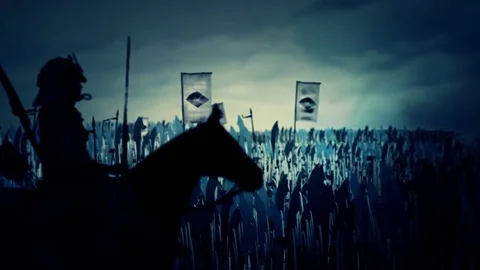 Samurai Leading Massive Army To War with Mon of Takeda Symbols Stock Footage 76385097