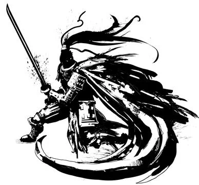 Samurai in a long cloak, ready to attack Stock Illustration