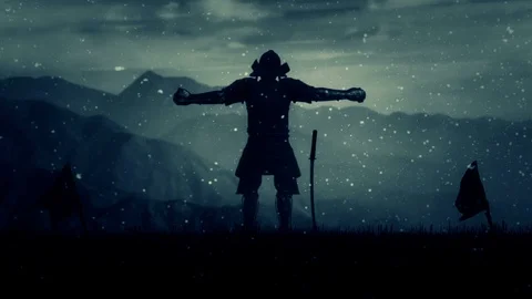 Samurai Lord with Full Armor Preparing for Battle Under a Snow 库存影片 110903286