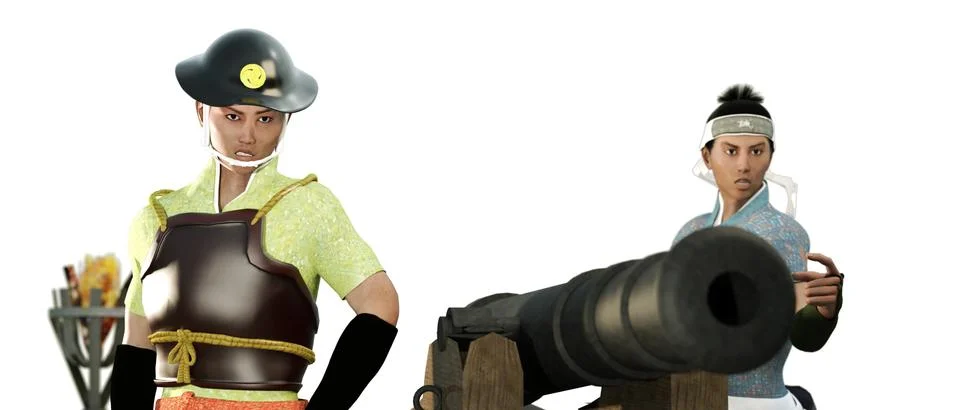 Samurai soldiers preparing an attack with old canon Stock Illustration