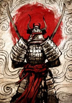 A samurai standing with his back to the viewer with two Katanas crossed at hi Stock Illustration