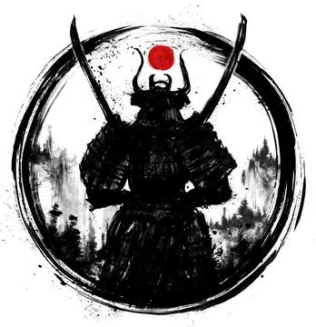 A samurai standing with his back to the viewer with two Katanas crossed at hi Stock Illustration
