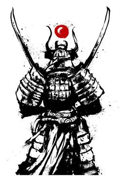 A samurai standing with his back to the viewer with two Katanas crossed at hi Illustration