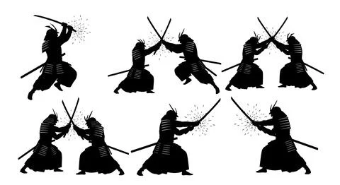 Samurai Sword Duel Silhouettes Stock Illustration
