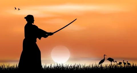 Samurai with sword at sunset Stock Illustration