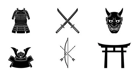 Samurai vector set with armor, swords, mask, bow, and torii gate, flat design Stock Illustration