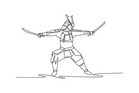 Samurai warrior in armor, standing in wide stance and wielding two swords Stock-Illustration
