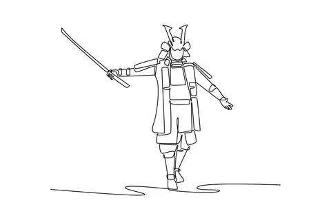 Samurai warrior in full armor, walking with one hand holding katana Stockillustratie