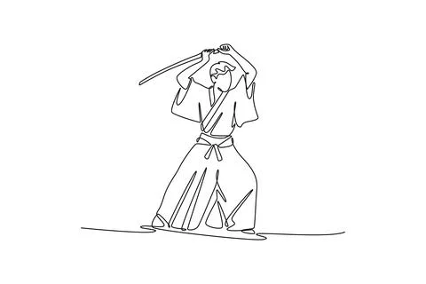 Samurai warrior holding sharp katana above his head in ready to strike Illustrazione stock