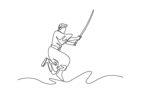 Samurai warrior jumping or leaping in mid-air holding katana sword Stock-Illustration