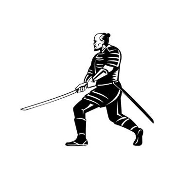 Samurai Warrior With Katana Sword in Fighting Stance Retro Black and White Stock Illustration