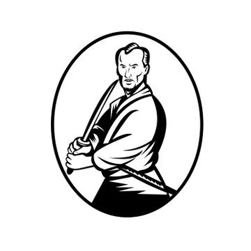 Samurai Warrior With Katana Sword in Fighting Stance Oval Retro Woodcut Retro Stock Illustration
