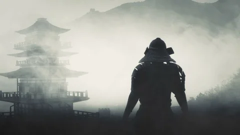 Samurai Warrior Leader Standing in Front of a Japanese Temple Stock Footage 124502296