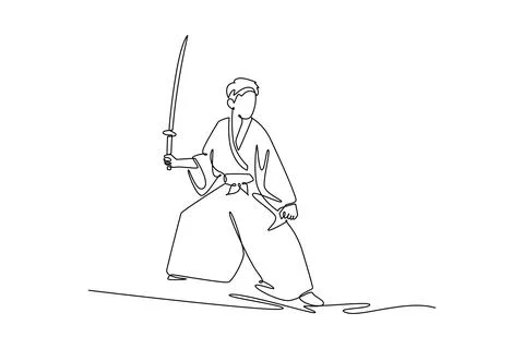 Samurai warrior in low, ready fighting stance, holding sharp katana sword Stockillustratie
