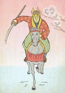 Samurai warrior riding horse attacking Stock Illustration
