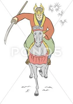Samurai warrior riding horse attacking Stock Illustration