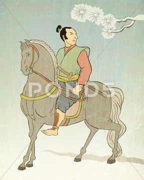Samurai warrior riding horse Stock Illustration