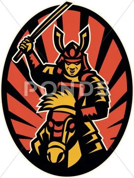Samurai warrior riding horse katana Stock Illustration