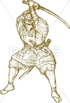 Samurai warrior with sword in fighting stance Stock Illustration