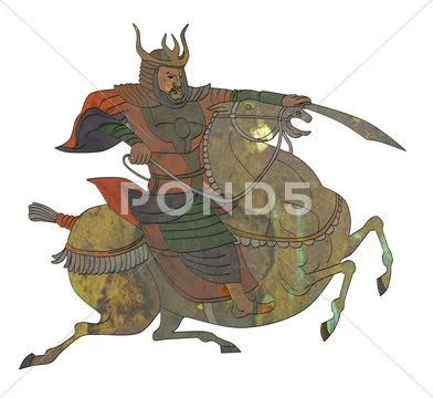Samurai warrior with sword riding horse Stock Illustration
