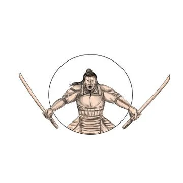 Samurai Warrior Wielding Two Swords Tattoo Stock Illustration