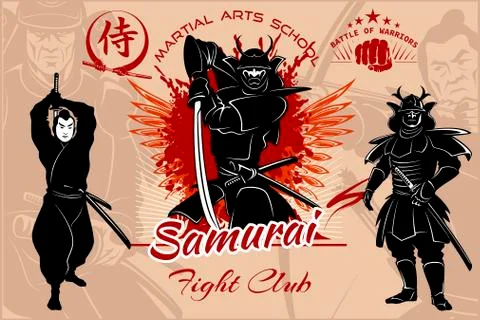 Samurai warriors - vector set illustration. Silhouette of japanese fighters with Stock Illustration