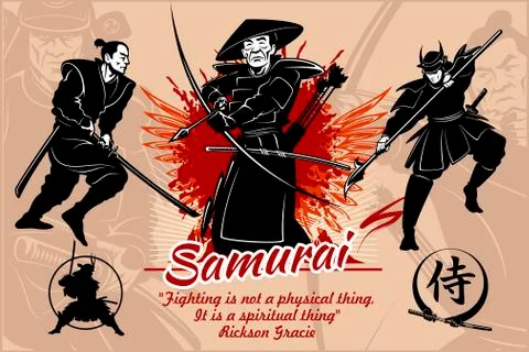 Samurai warriors - vector set illustration. Silhouette of japanese fighters with Stock Illustration