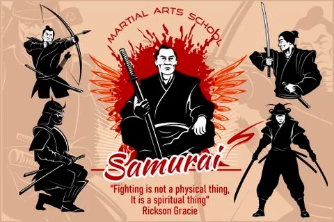 Samurai warriors - vector set illustration. Silhouette of japanese fighters with Stock Illustration