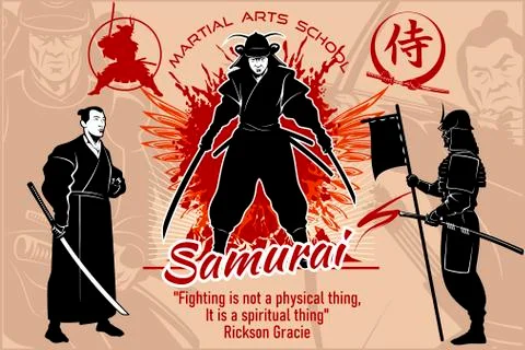 Samurai warriors - vector set illustration. Silhouette of japanese fighters with Stock Illustration