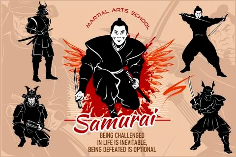 Samurai warriors - vector set illustration. Silhouette of japanese fighters with Stock Illustration