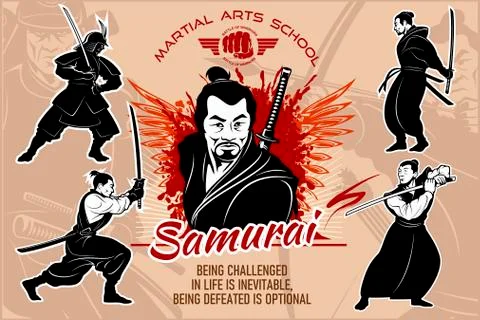 Samurai warriors - vector set illustration. Silhouette of japanese fighters with Stock Illustration