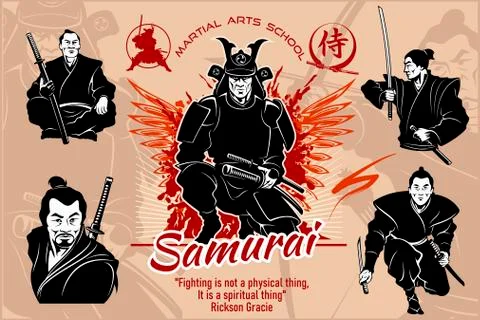 Samurai warriors - vector set illustration. Silhouette of japanese fighters with Stock Illustration