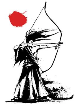 A samurai in the wind with a long bow pulling an arrow, on a white background Stock Illustration