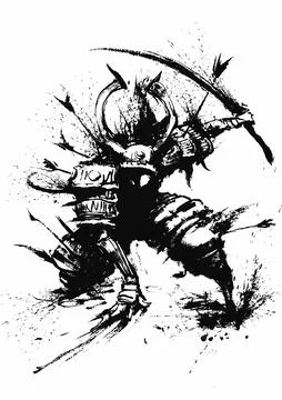 Samurai wounded arrows from all sides, fell to one knee, holding a sword, doe Illustration