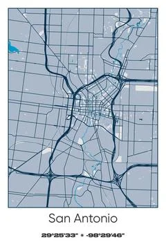 San Antonio Center, Texas - vector map of city in Blue, Gray, Yellow, Olive colo Stock Illustration