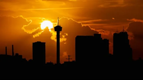 San Antonio Downtown skyline, Time Lapse at Sunset with Red Sun and Fiery Sky Stock Footage 160985192