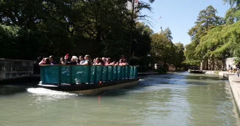 San Antonio Oct 2017 Floating Down River Full Boat of Tourist Stock Footage 83163549