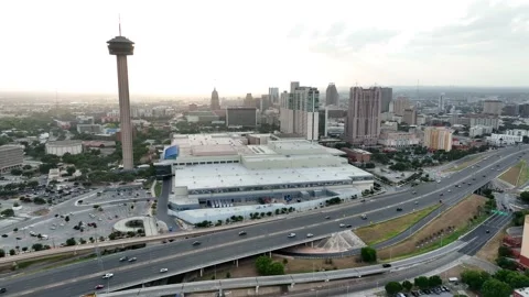 San Antonio skyline at sunset. Tower of the Americas and Convention Stock Footage 199371982