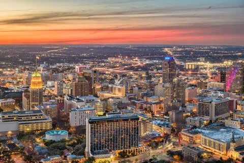San Antonio, Texas, USA downtown city skyline at dusk. Stock Photos