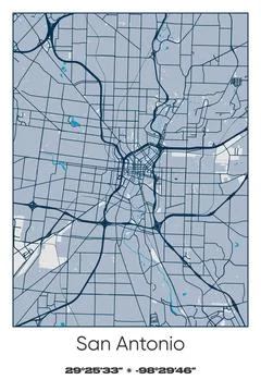San Antonio, Texas - vector map of city in Blue, Gray, Yellow, Olive colors Stock Illustration