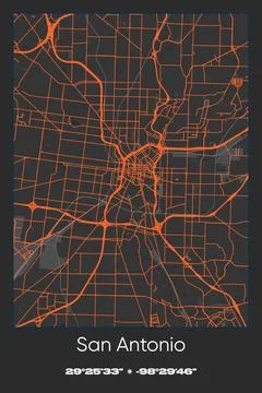 San Antonio, Texas - vector map of city in Gray, Black, Orange colors Stock Illustration