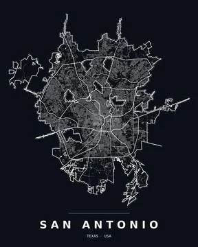 San Antonio TX Street Map Road Network Highways Dark Mode Editable Vector Stock Illustration