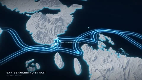 San Bernardino Strait 3D White Terrain Relief Map With Glowing Shipping Route Video stock 343537721
