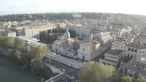San Carlo al Corso, Ara Pacis &amp; Mausoleo di Augusto from Tiber River Stock Footage 304319911