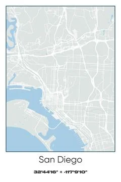 San Diego, California - vector map of city in Gray, white, green, blue colors Stock Illustration
