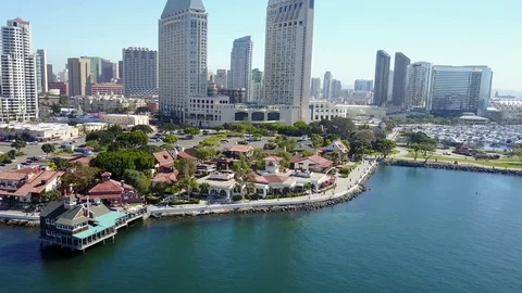 San Diego Downtown - Seaport Village - Drone Video Stock Footage
